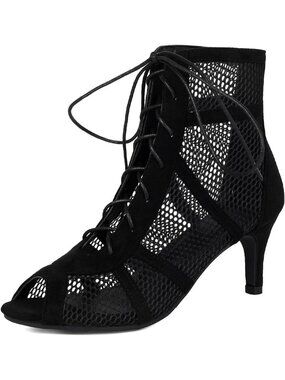 Women Black Buckle Strap Peep Toe High Top Lace Up Casual Mesh Pump Sandal Boot